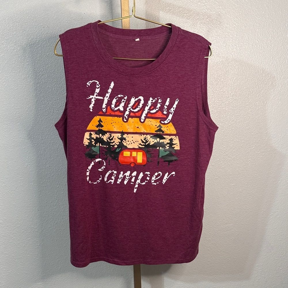 Purple 'Happy Camper' Sleeveless Top- Large
